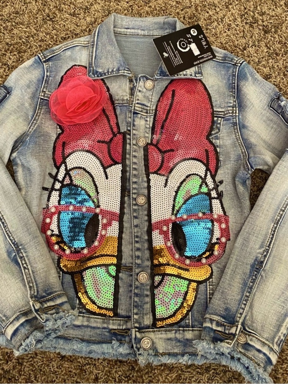 Denim Sequin Daisy Duck Kids Jacket with Pink Flower